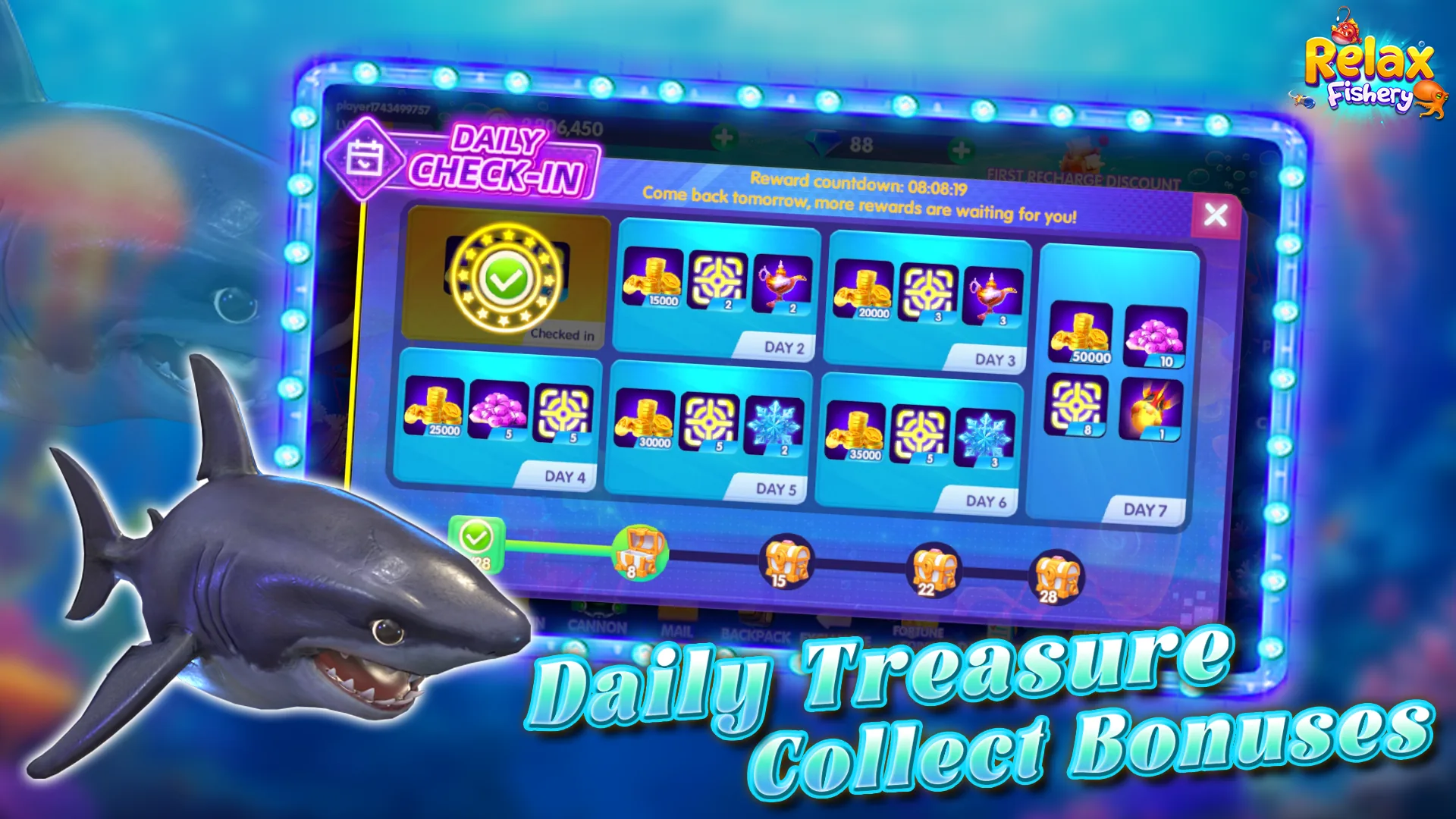 Relax Fishery daily treasure rewards